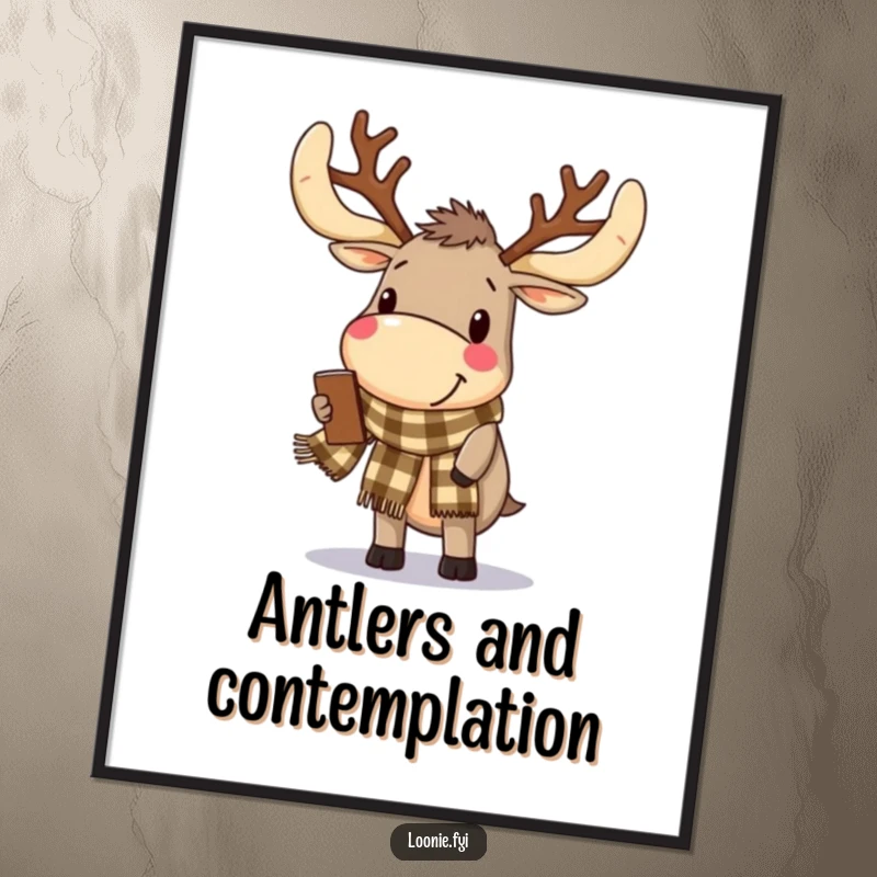 Funny Poster: A delighted moose with impressive antlers wears a checkered scarf while happily browsing, adding rustic charm.