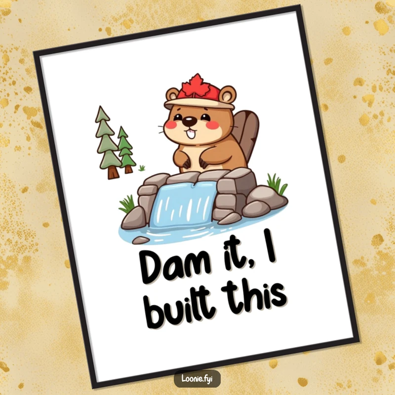 Funny Poster: A happy beaver wearing a tiny maple leaf hat is pictured building a small dam with great focus.