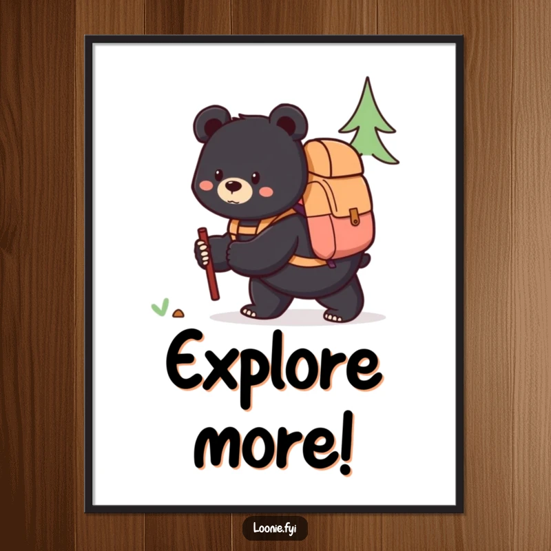Funny poster art of a content black bear wearing a backpack, exploring the outdoors with a peaceful and curious expression.