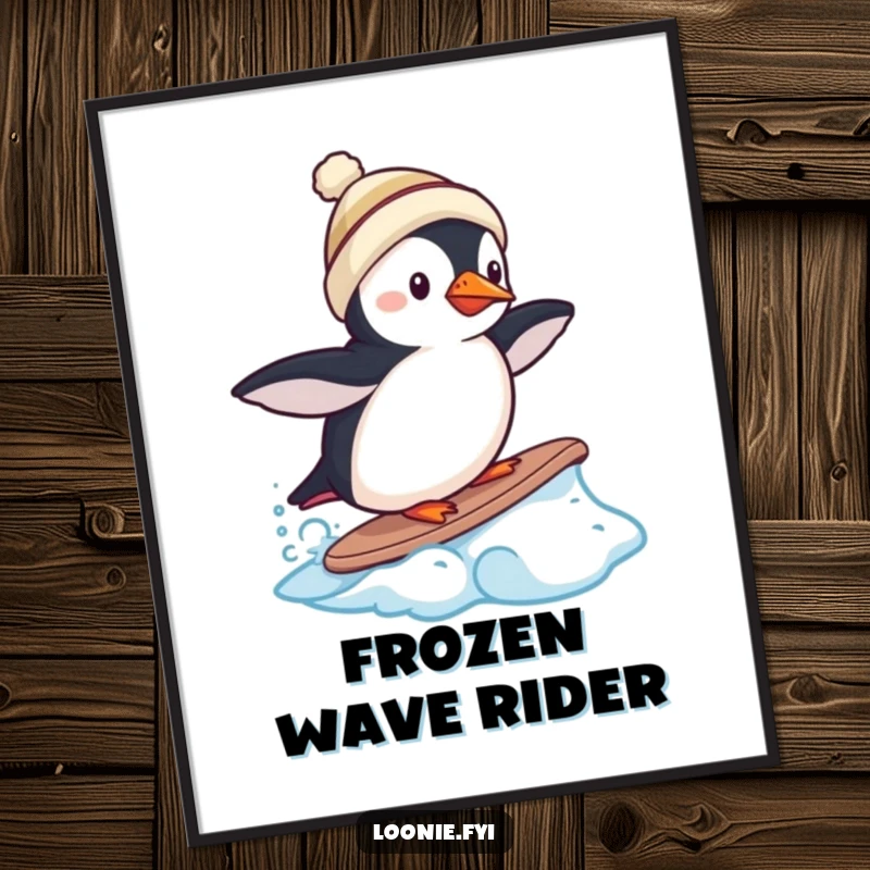Funny puffin poster wearing a tiny toque, trying to surf on a frozen wave, arctic wall decor.