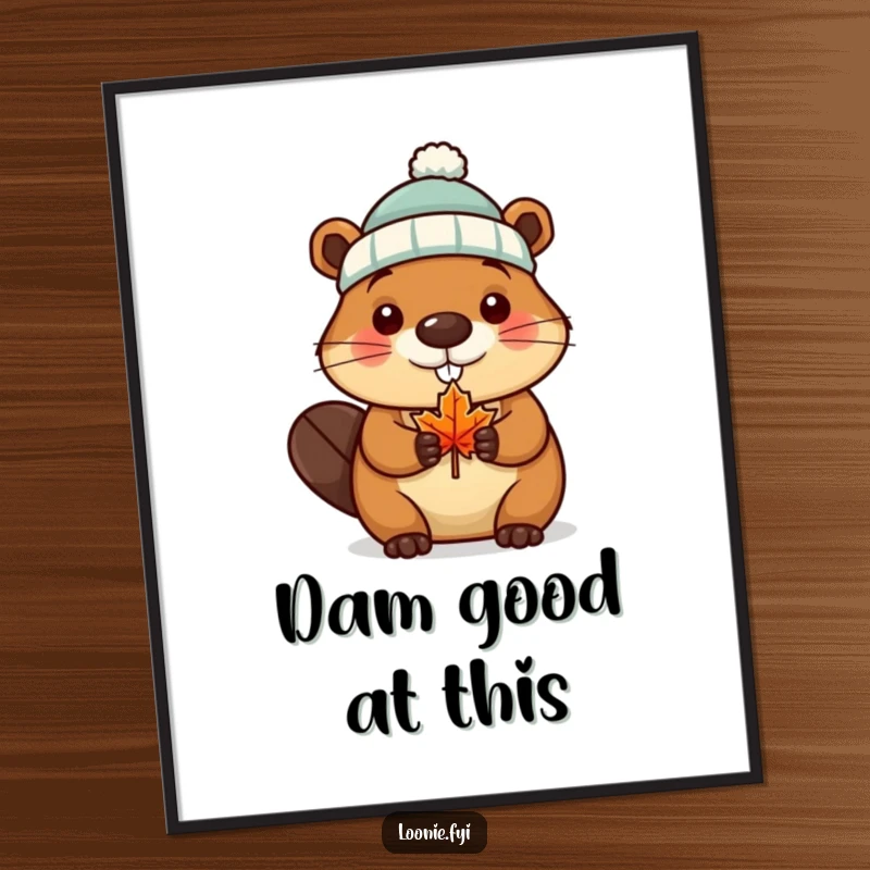 Funny Poster displaying a beaver wearing a tiny toque and holding a maple leaf, adding humorous Canadian decor.