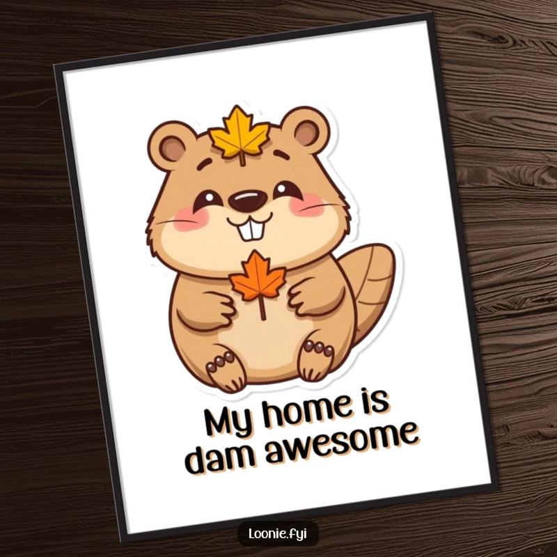 Funny Beaver Maple Leaf Poster: A happy beaver wearing a maple leaf smiles, bringing Canadian cheer to any wall, a wonderful funny gift.