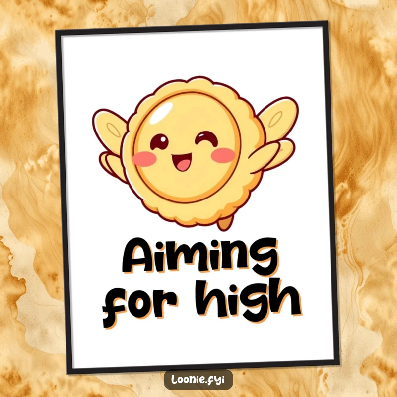 Funny butter tart character with cookie wings, trying to fly, a whimsical and delightful poster for wall art.