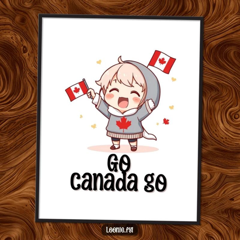 Funny Poster: Excited character proudly holds a small Canadian flag and cheers, creating a vibrant and patriotic visual. Ideal funny gift.