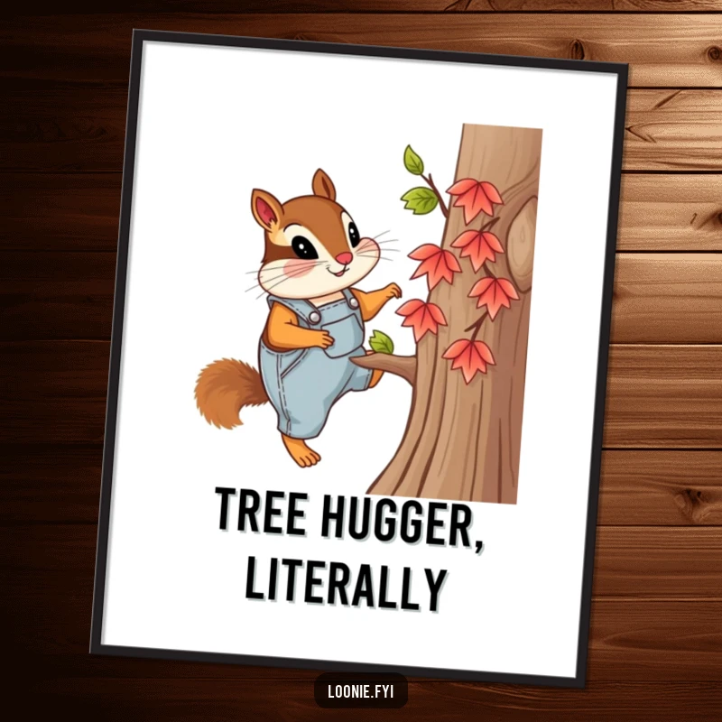 Funny poster of a curious chipmunk in overalls, climbing a small maple tree, perfect for adding natural and humorous wall art.