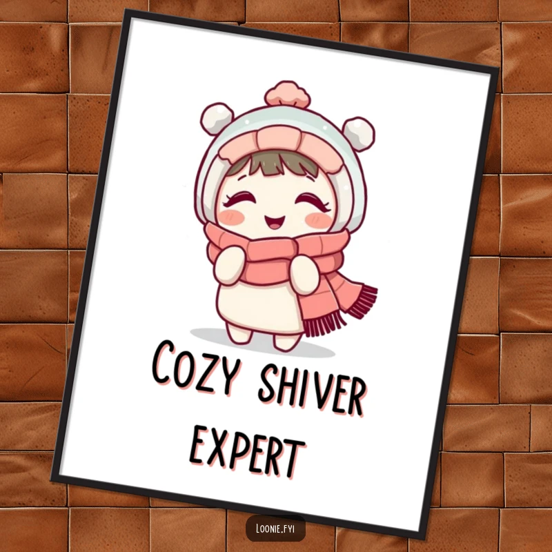 Funny poster art of a giggling character wearing a thick winter scarf, shivering playfully, adding a humorous touch to wall decor.