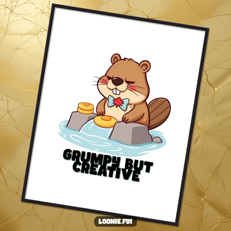 Funny, grumpy beaver in a maple leaf bow tie building a dam with pancakes, perfect for quirky wall decor.