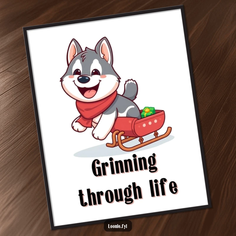 Funny Husky Poster: Giggling husky pulling a miniature sleigh with a wide grin, winter-themed wall art.