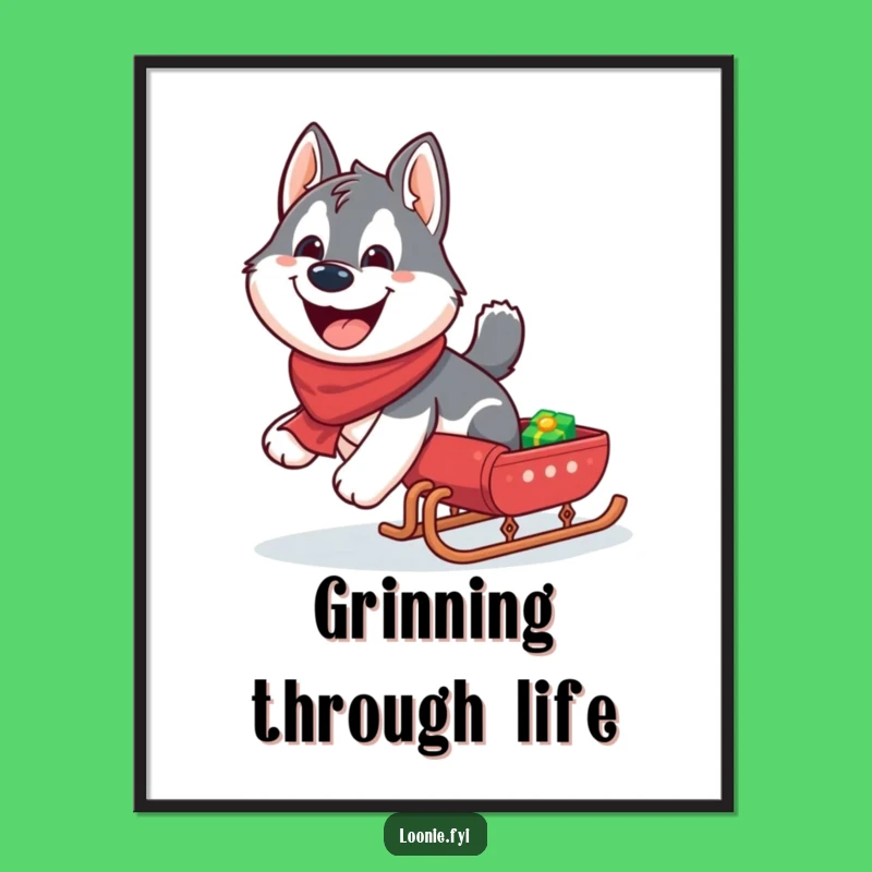 Funny Husky Sleigh Poster: Giggling Dog Art Print, Perfect Winter Decor Funny Gift