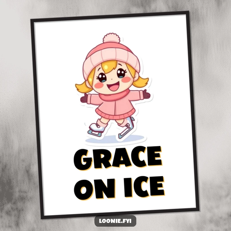 Funny poster of a happy character ice skating with a determined grin, capturing a moment of pure joy.