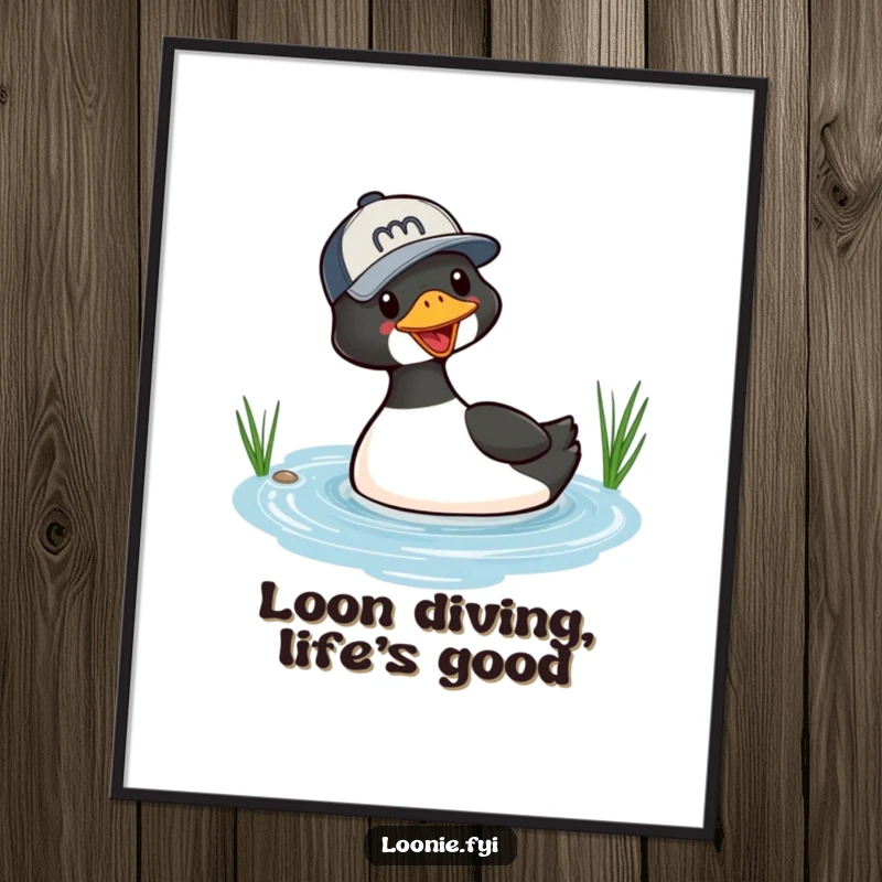 Funny poster art of a playful loon wearing a baseball cap, diving into a small lake, a whimsical and humorous illustration for your wall.