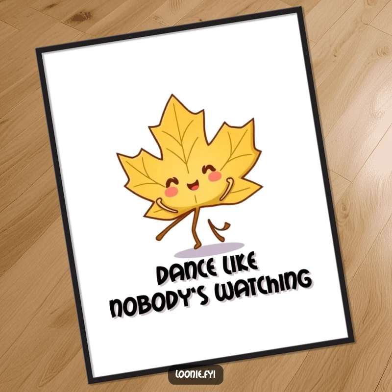Funny poster art of a playful maple leaf character performing an energetic and joyful dance.