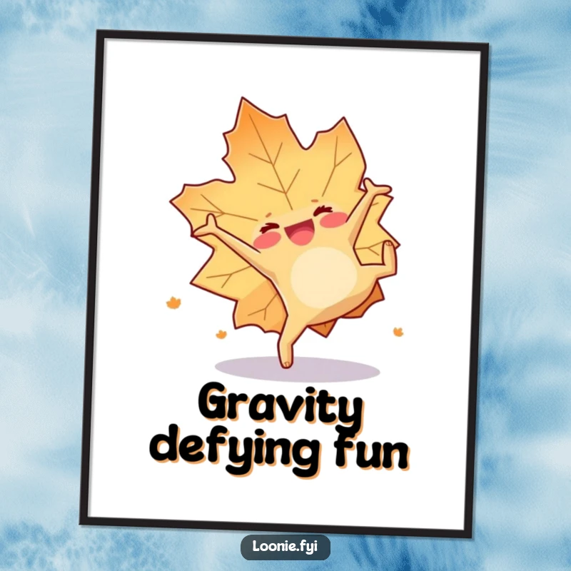 Funny poster art of a happy maple leaf doing a cheerful somersault, bringing playful autumn vibes to any room.