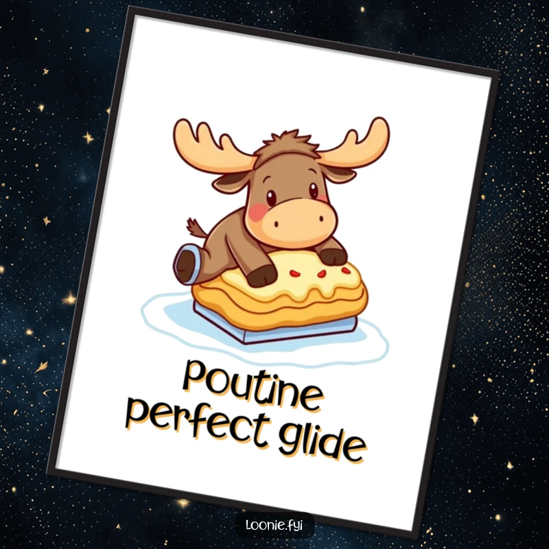 Funny Moose Poster: A moose comically attempts ice skating on a frozen poutine, a hilarious piece of wall art.