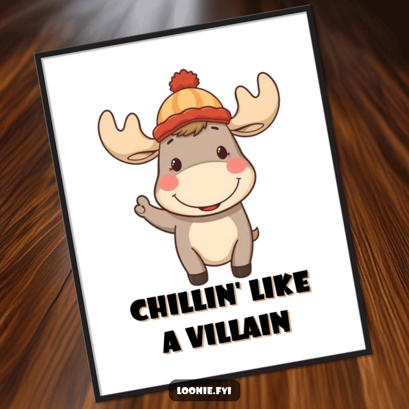 Funny Moose Poster: Cheerful moose wearing a Canadian toque, waving hello, vibrant art for any room.