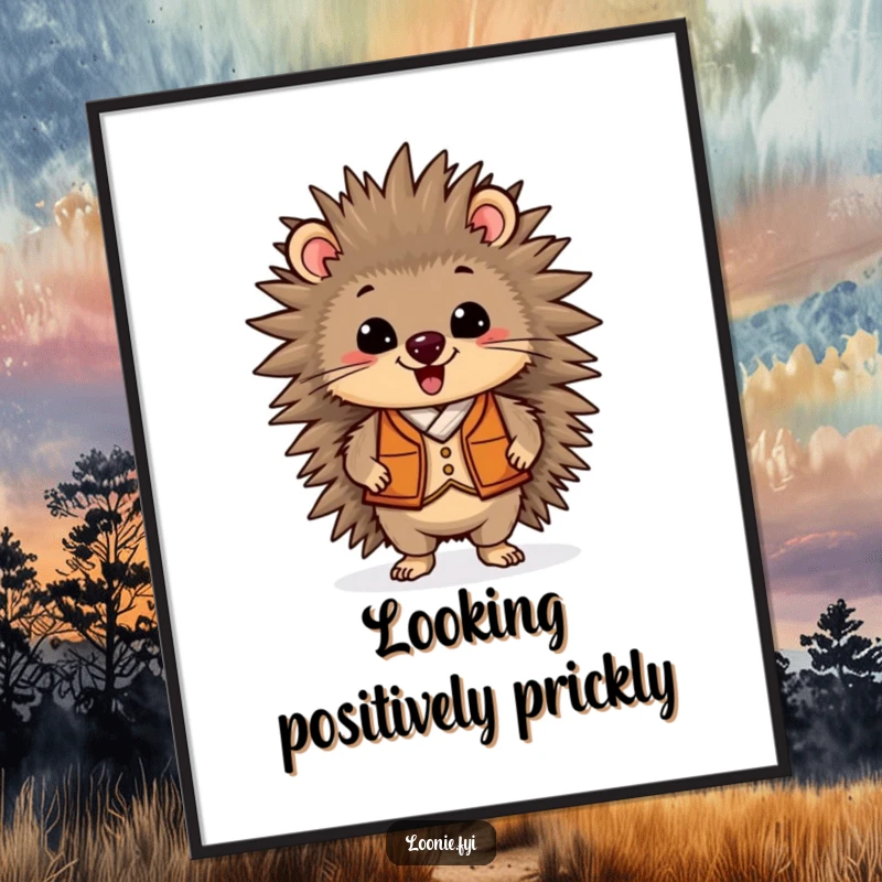 Funny poster of a delighted porcupine in a fancy vest, standing proudly, adding a humorous and charming touch to any wall decor.