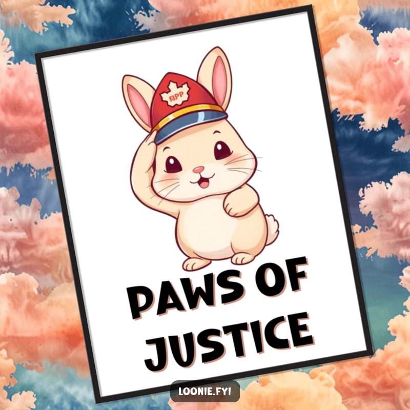 Funny poster of a small rabbit wearing a miniature RCMP hat and saluting, adding a touch of cute authority to walls.