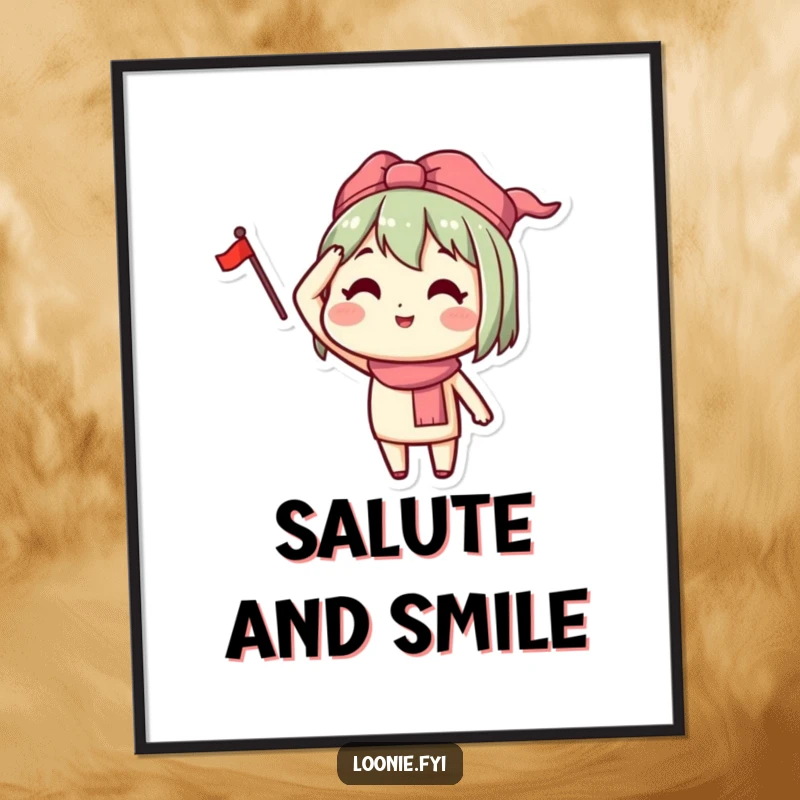 Funny poster art of a happy character saluting with a small flag, conveying a message of pride and happiness.