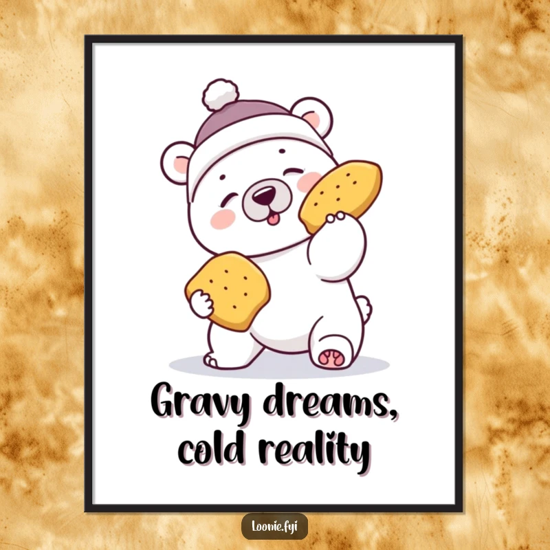 Funny polar bear poster, toque askew, comically failing to catch a flying poutine, evoking Canadian silliness.