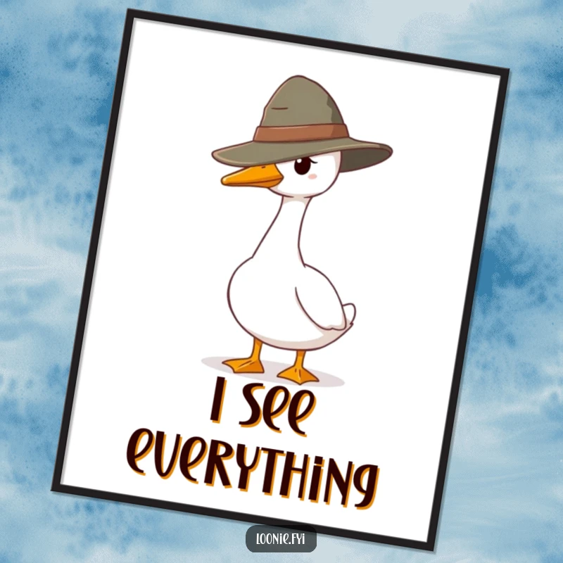 Funny poster artwork of a goose wearing a ranger hat, standing guard with vigilance, bringing a humorous and protective atmosphere to any room.