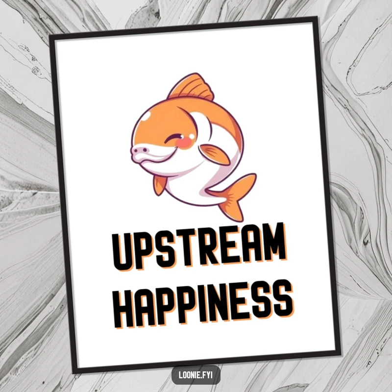 Funny poster art of a dynamic salmon mid-jump, showcasing a determined yet cheerful and happy expression.