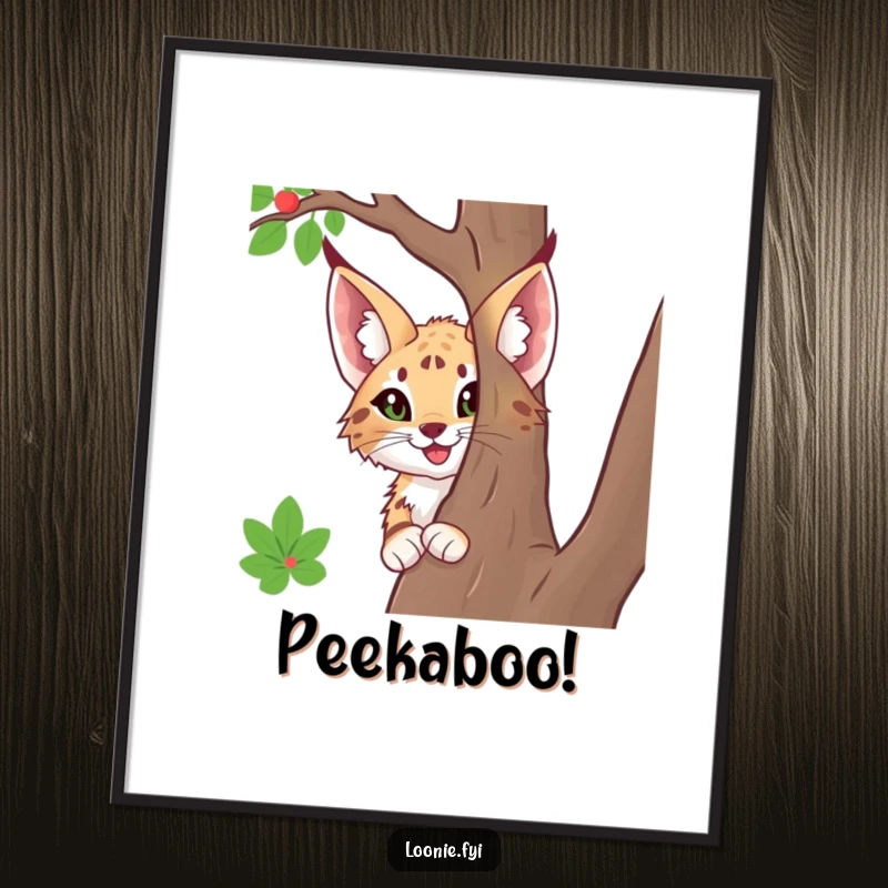 Funny poster art of a happy lynx with large ears, peeking from behind a tree, capturing a moment of charming curiosity.
