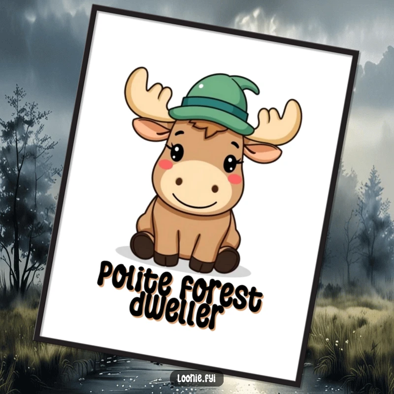 Funny Poster: A happy moose wearing a hat politely tips it, adding gentlemanly charm to any room.