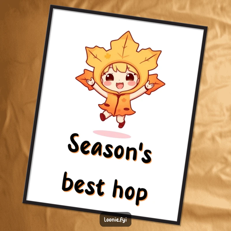 Funny poster art of a maple leaf character in a costume doing a joyful hop, perfect for adding whimsical decoration and humor.