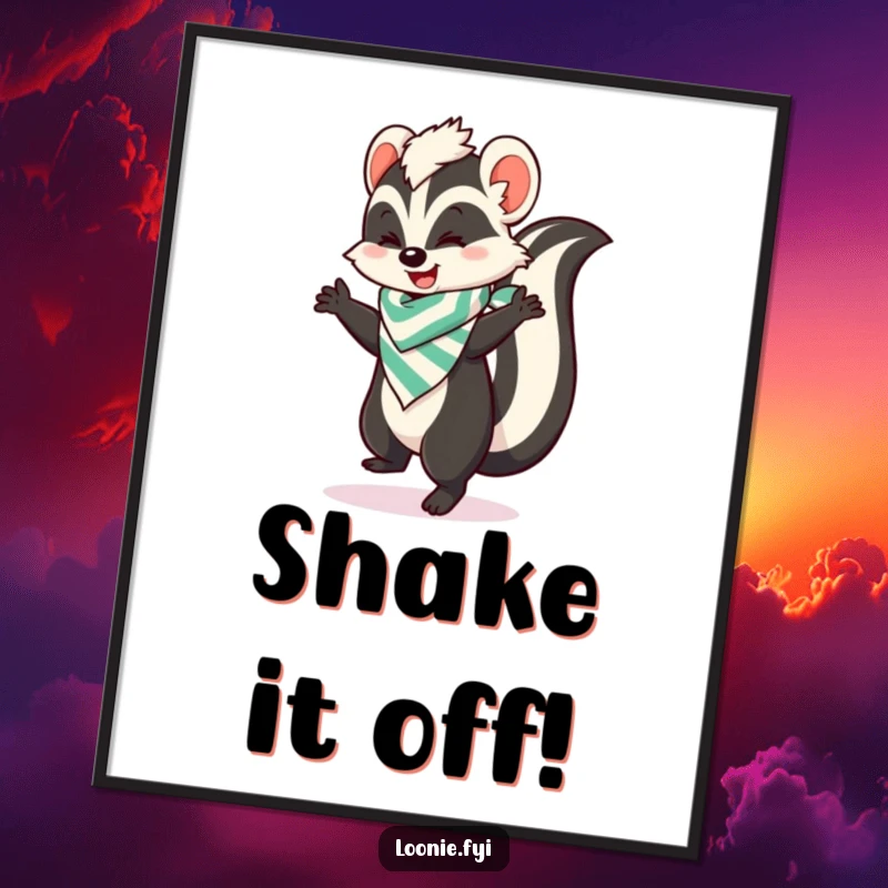 Funny poster art of a skunk in a bandana performing a happy dance, exuding pure joy and playful movement.