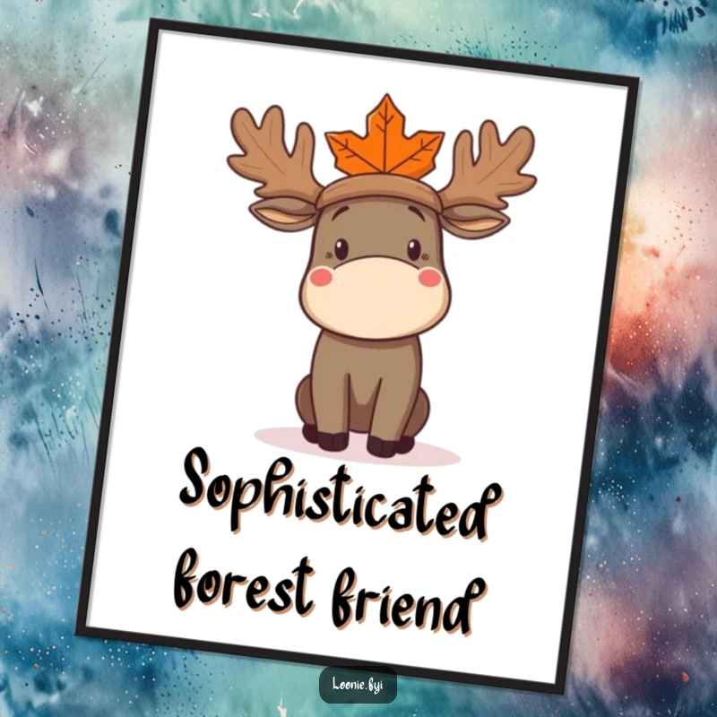 Funny Moose Poster featuring a confused moose attempting to wear a maple leaf as a hat, adding whimsical humor to decor.