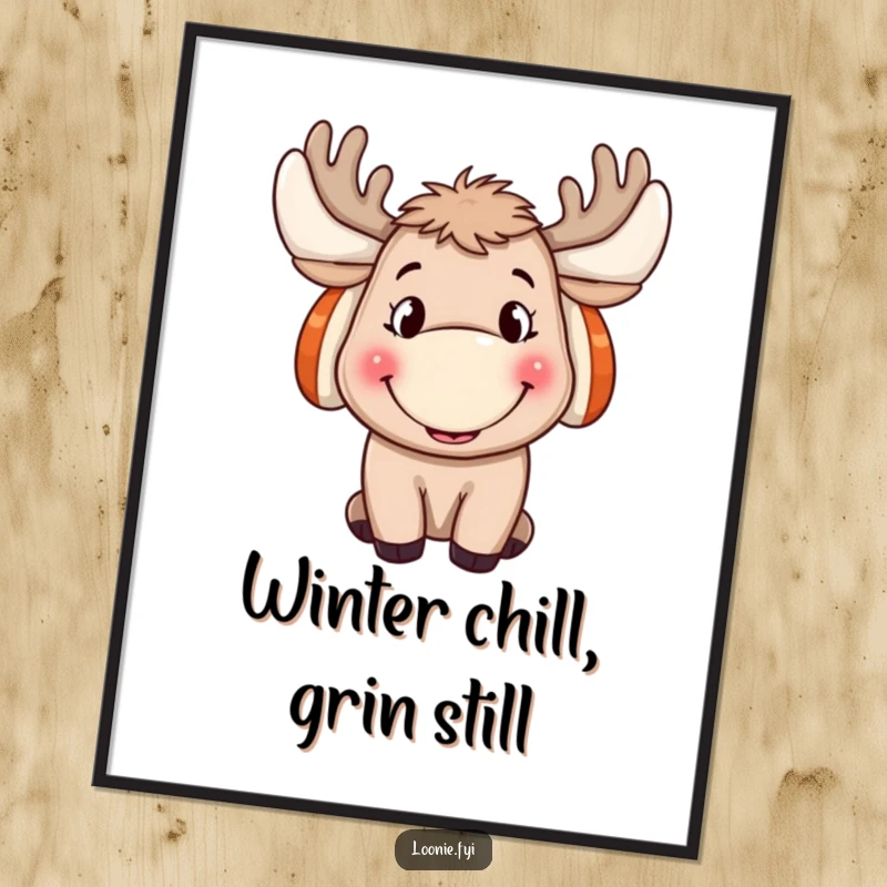 Funny Moose Poster: A whimsical illustration of a moose with ear muffs and a big, happy grin, perfect for funny gift decor.