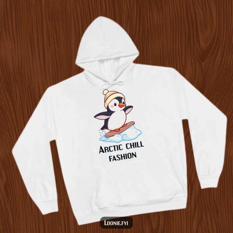 Funny puffin hoodie wearing a miniature toque, surfing a frozen wave, cozy arctic apparel.