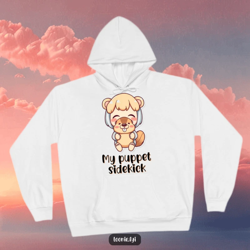 Funny hoodie showcasing a delighted character holding a beaver puppet with fond amusement; cozy and humorous.
