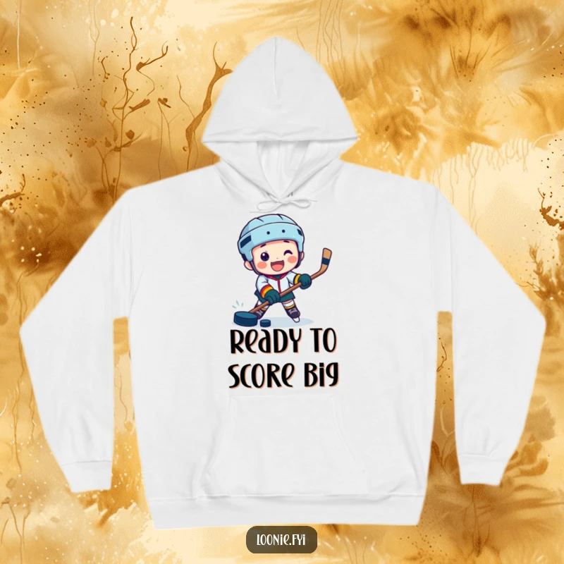 Funny hoodie with a jubilant character playing hockey with a puck, perfect for fans and athletes.