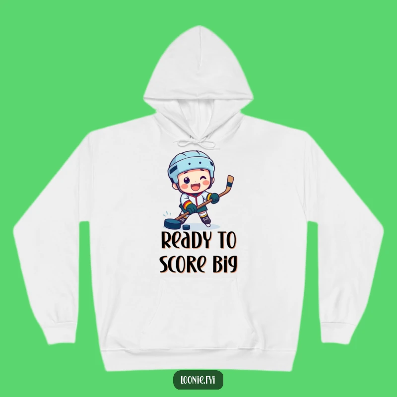Cozy Funny Hockey Hoodie: Jubilant Character's Puck Power On the Go