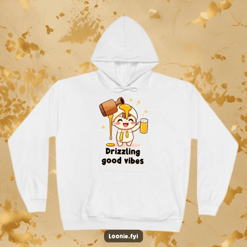 Funny hoodie showcasing a cheerful character pouring maple syrup; perfect for cozy mornings and gifts.