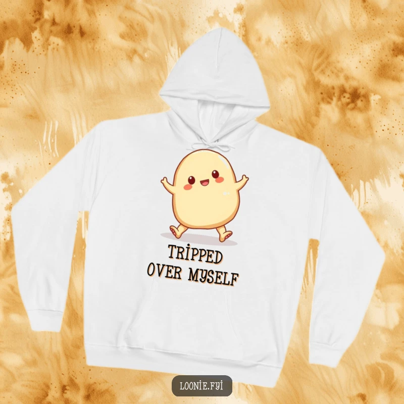 Funny perogy tripping over its own doughy feet, a cozy hoodie design capturing pure cartoonish chaos and humor.