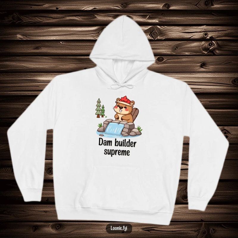 Funny Hoodie: A happy beaver sports a maple leaf hat while building a dam, exuding industrious charm.