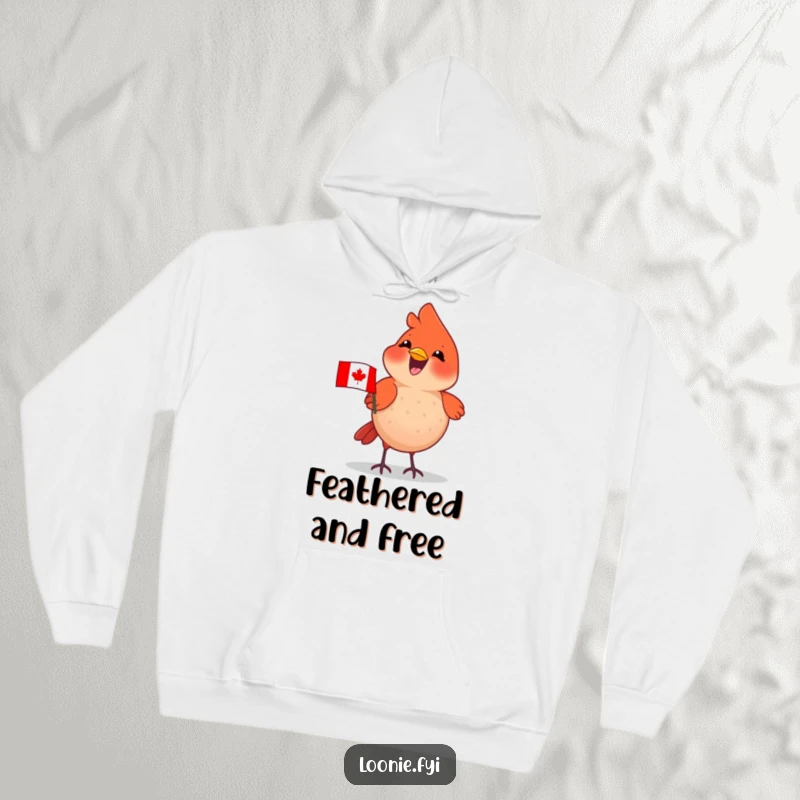 Funny Cardinal Hoodie: Delighted cardinal wearing a tiny Canadian flag, chirping happily, cozy and patriotic.