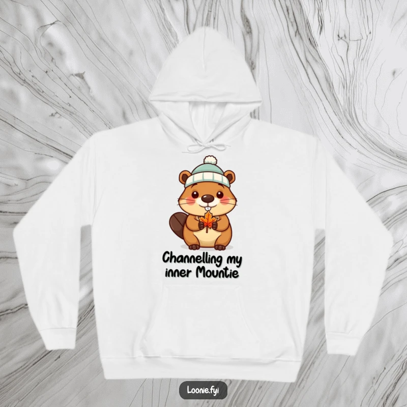 Funny Hoodie featuring a beaver wearing a tiny toque and holding a maple leaf, offering cozy Canadian humor.