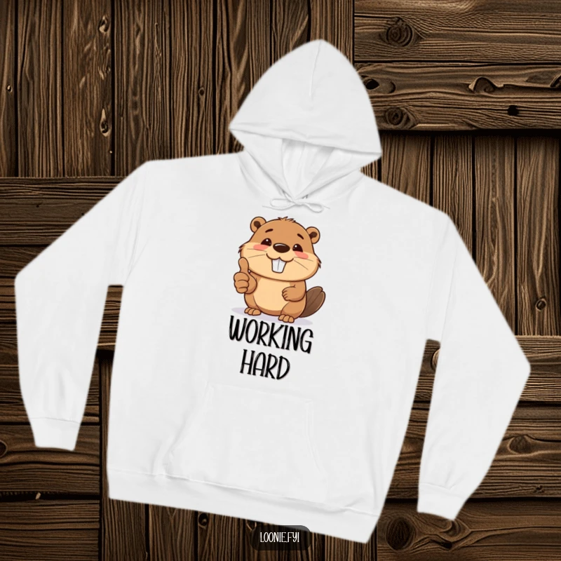Funny hoodie featuring a smiling beaver giving a thumbs up, offering cozy encouragement and industrious vibes.