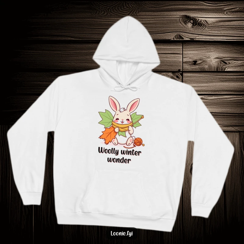 Funny hoodie with a cheerful bunny knitting a giant maple leaf scarf, perfect cozy Canadian apparel.