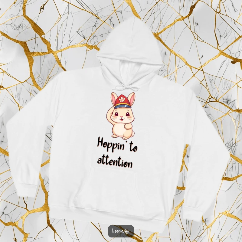 Funny hoodie with a rabbit sporting a tiny RCMP hat and giving a salute, a cozy and humorous Canadian symbol.