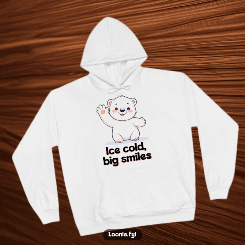 Funny Polar Bear Cub Hoodie: A warm, cozy hoodie showcasing a happy polar bear cub giving a frosty wave, perfect for a funny gift.