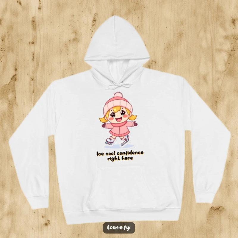 Funny hoodie depicting a happy character ice skating with a determined grin, perfect for cozy winter fun and gifts.