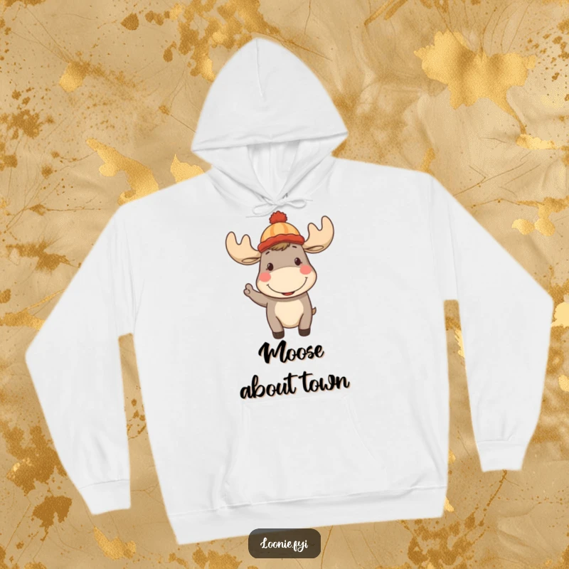 Funny Moose Hoodie: Cozy sweatshirt with a cheerful moose wearing a toque, waving hello, ideal for cold weather.