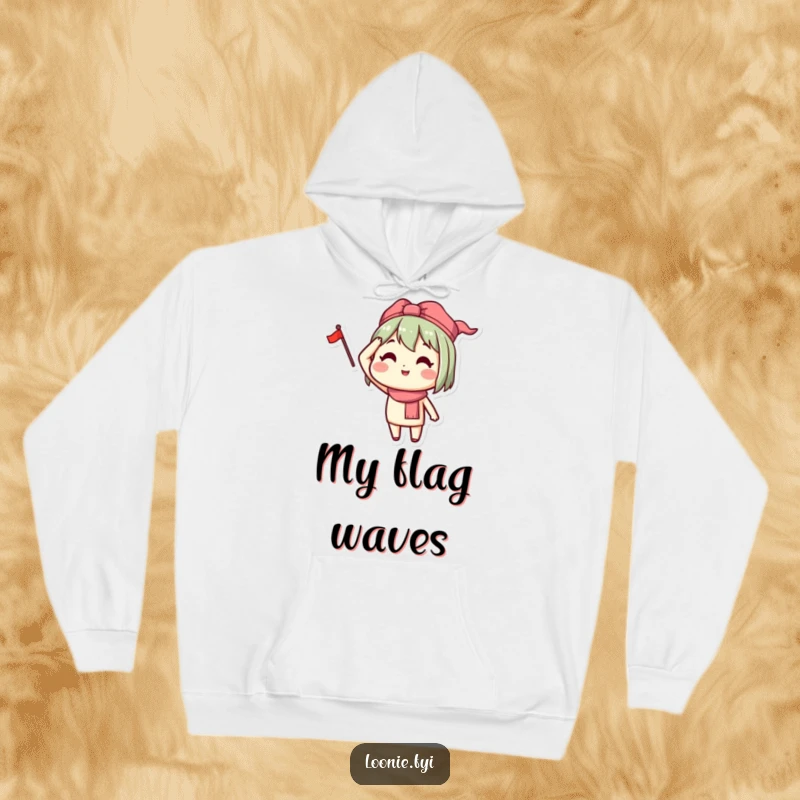 Funny cozy hoodie with a happy character saluting with a small flag, designed for comfort and patriotic spirit.