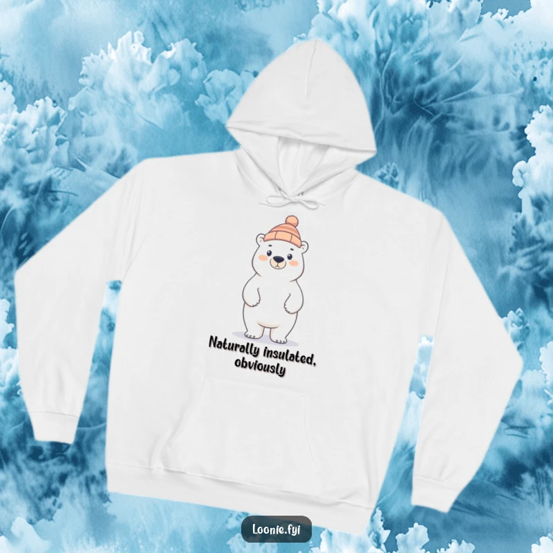 Funny polar bear sporting a stylish toque, providing warmth and humor in this cozy, proud winter hoodie design.
