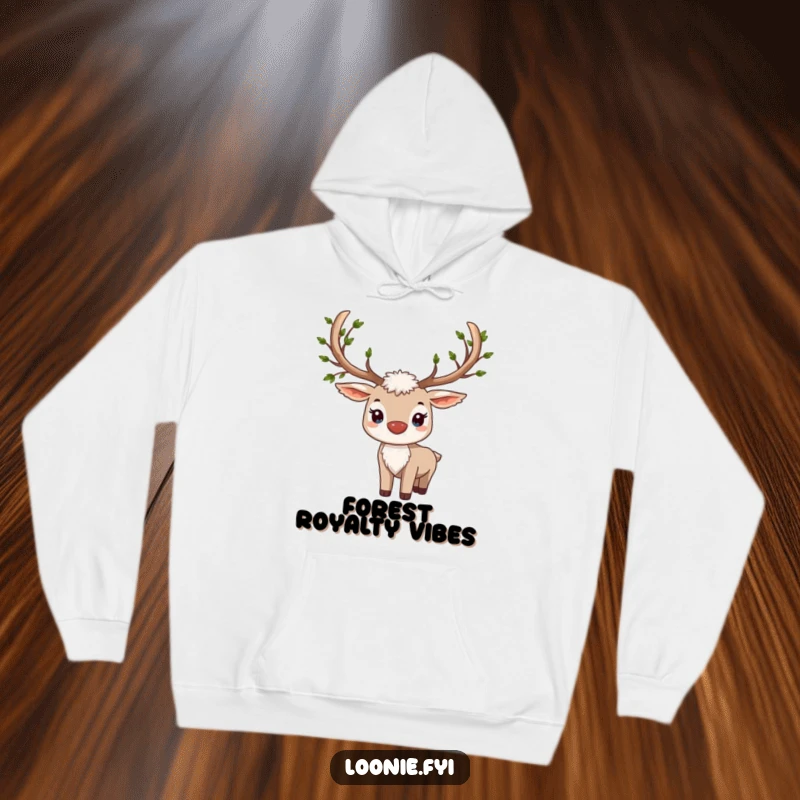 Funny hoodie featuring a proud caribou with majestic antlers, intricately decorated with small, vibrant leaves, offering cozy warmth.