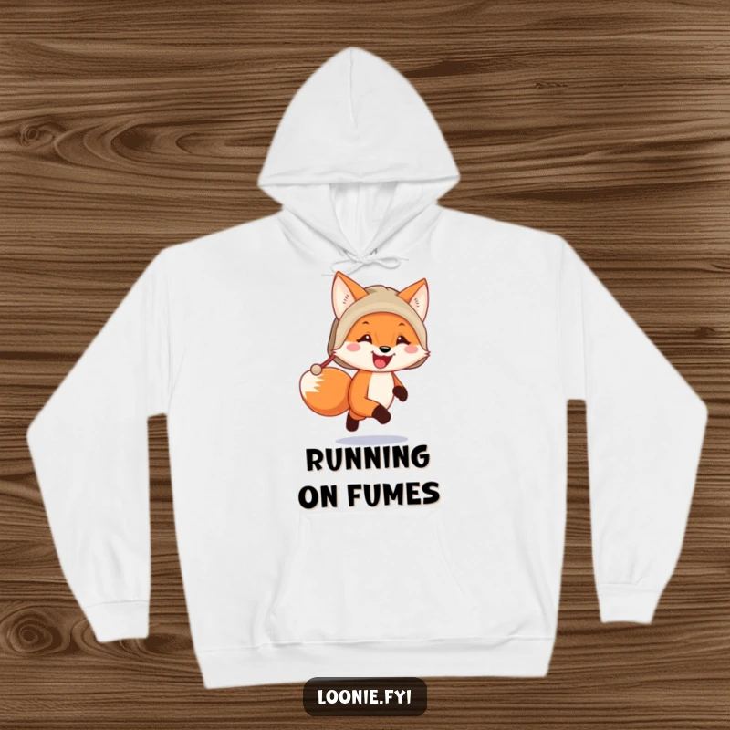 Funny happy fox wearing a trapper hat running, creating a cozy and humorous scene on this warm hoodie.